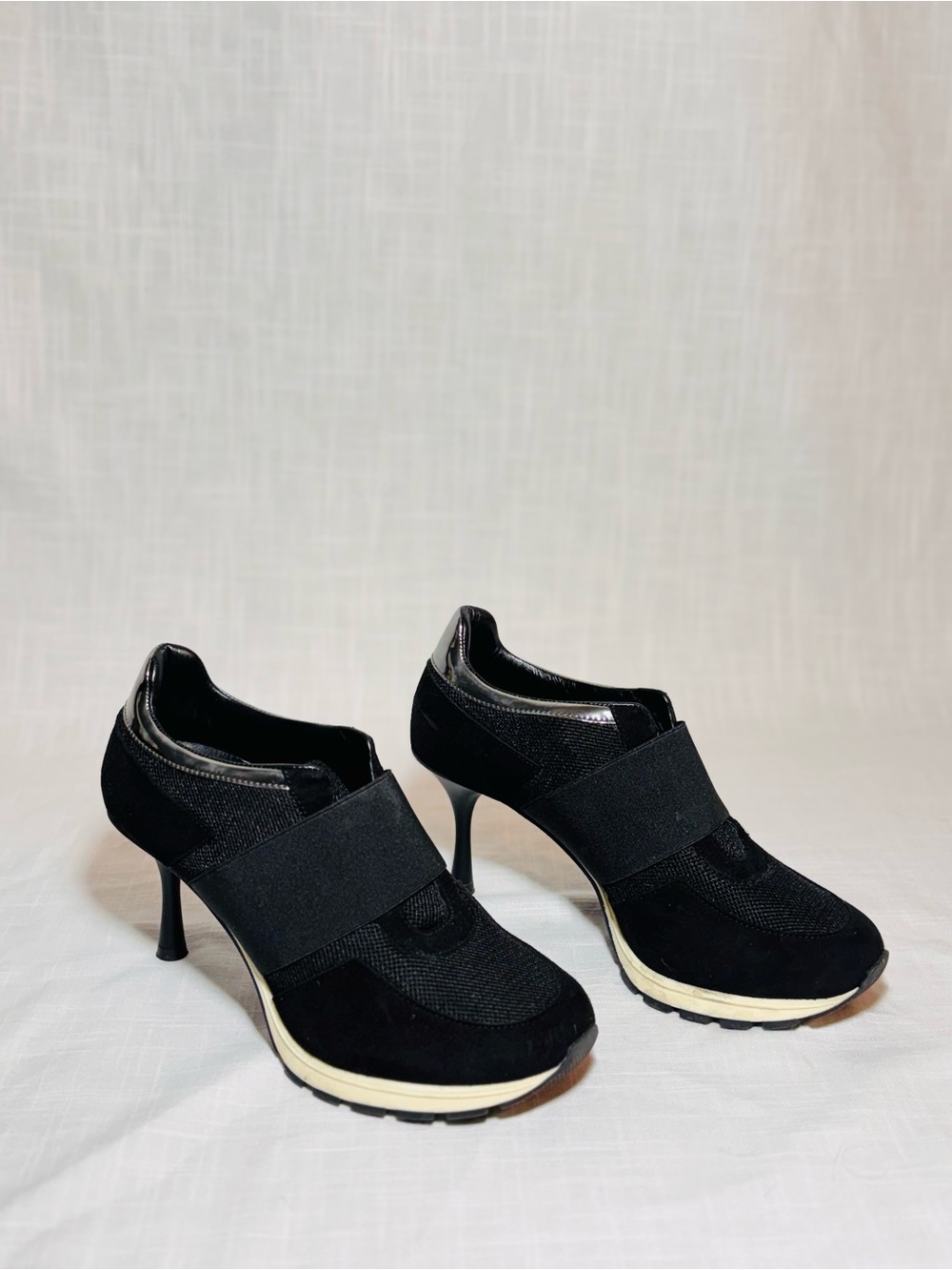 Black Elastic-Strap High-Heel Sneaker Pumps